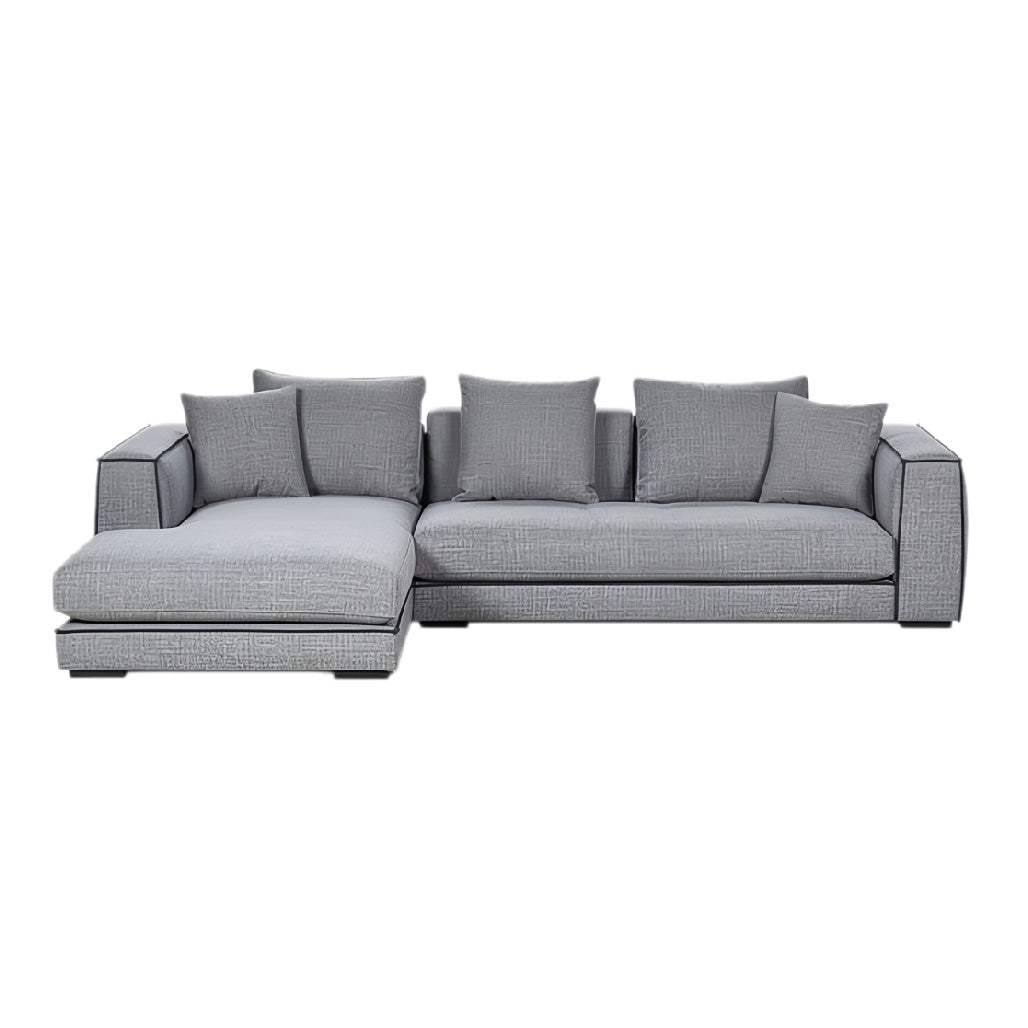 **Technische titel in het Nederlands: Moderne grijze loungebank met kussens**