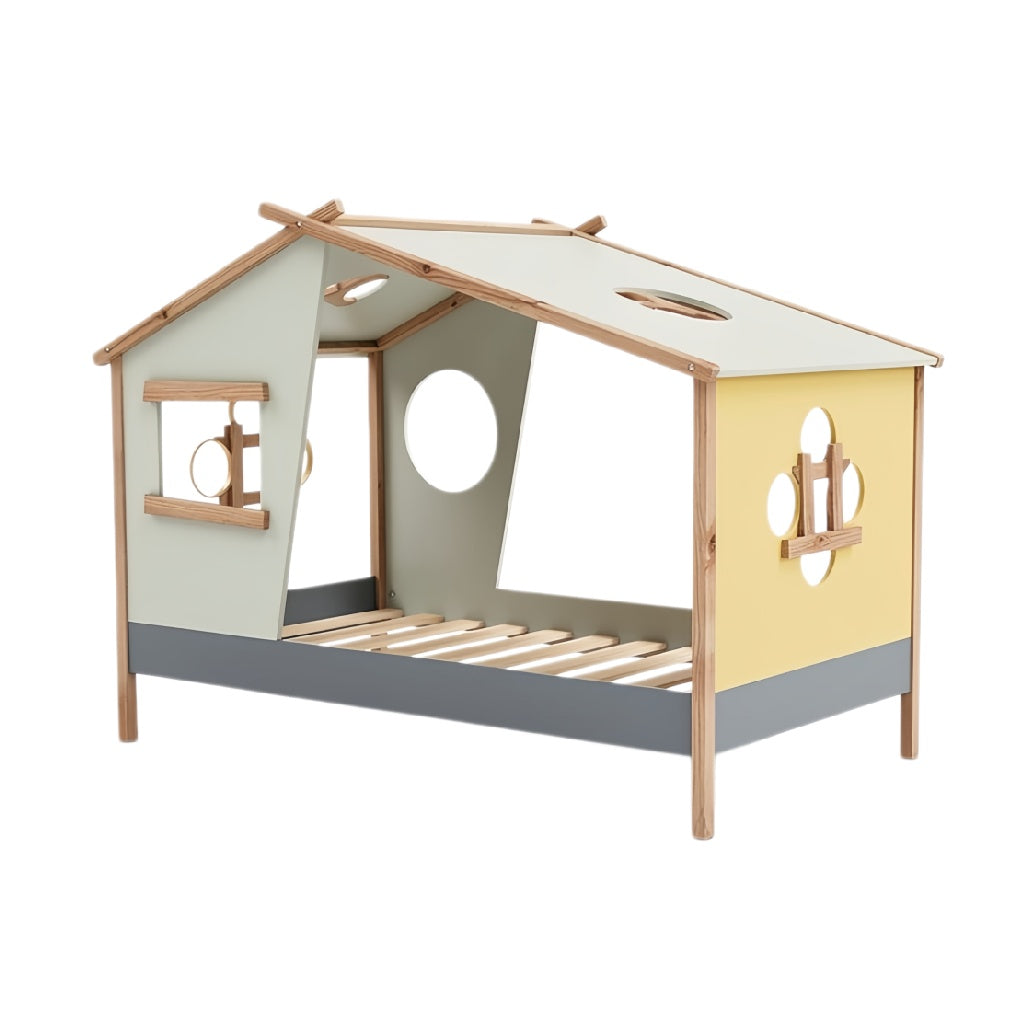 **Technische titel in het Nederlands:** **Houten speelhuisbed voor kinderen met kleurrijke panelen**