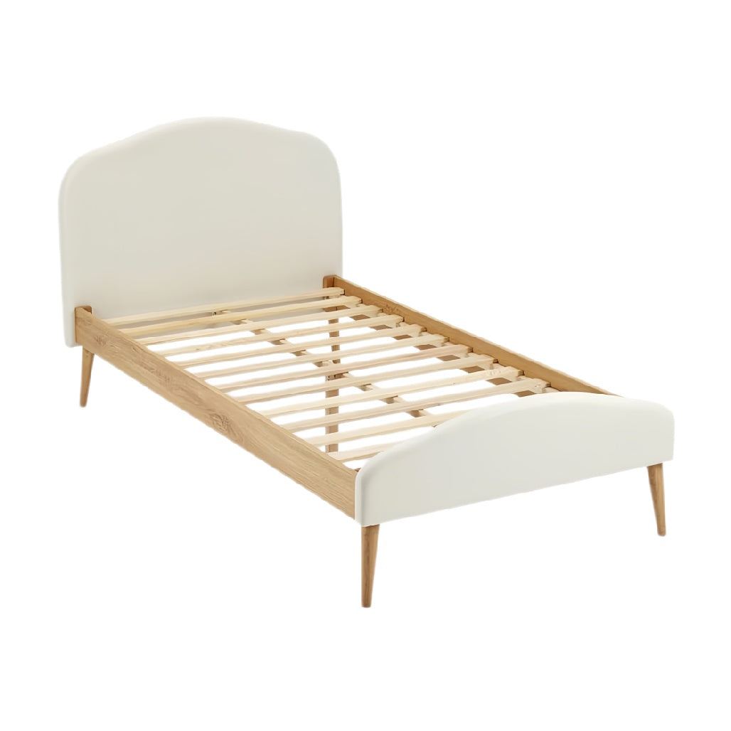 **Technische titel in het Nederlands: Eenvoudig eenpersoonsbed met houten frame en stoffen hoofdbord**